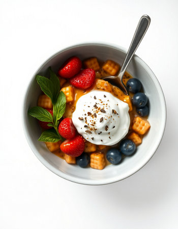 Bowl of oatmeal with fresh berries and yogurt on white background