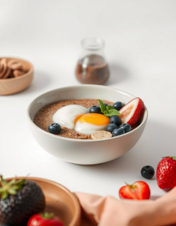 Tasty oatmeal with berries and egg in bowl on white table