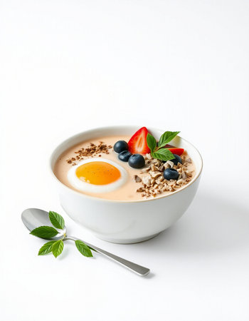 bowl of muesli with fresh berries and egg on white background