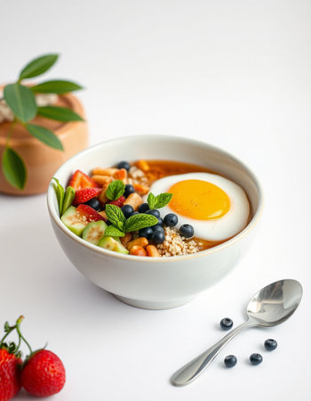 Oatmeal porridge with quinoa, strawberries, blueberries and egg on white background
