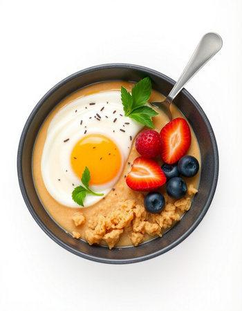 Bowl of oatmeal porridge with fresh berries and fried egg