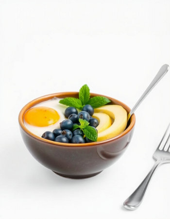 Greek yogurt with blueberries and egg yolk in a bowl on white background