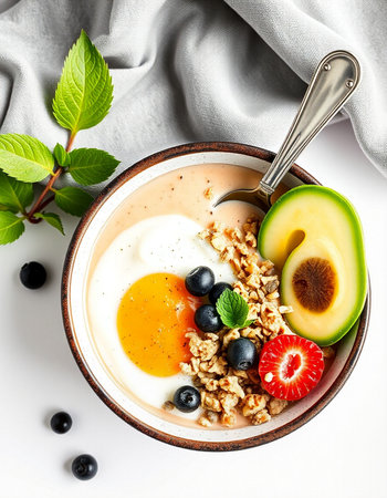 Healthy breakfast bowl with granola, yogurt and berries on white background