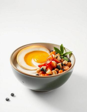 Healthy breakfast with egg and vegetables in bowl on white background.