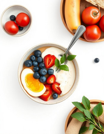Healthy breakfast with yoghurt, fresh berries and eggs on white background