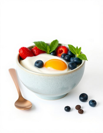 Greek yogurt with fresh berries and egg in a bowl on white backgroundの写真素材