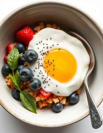 Breakfast with oatmeal, berries and fried egg in a bowl