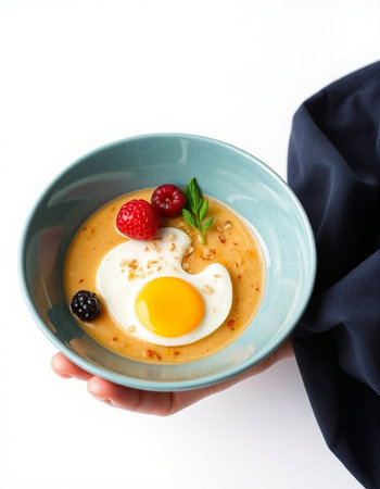 Creme brulee with egg and raspberries in a blue bowl