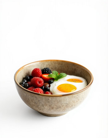 Breakfast with omelet and berries in a bowl on white background