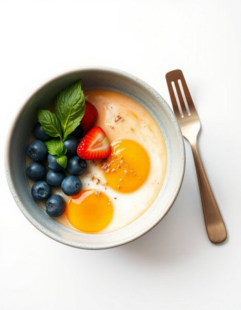 Breakfast with omelet, blueberries and strawberries on white backgroundの写真素材