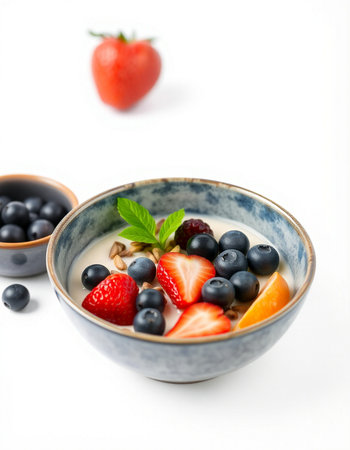 bowl of muesli with strawberries and blueberries on white background