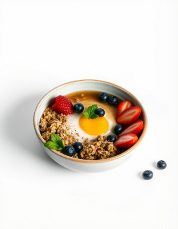 Oatmeal porridge with fresh berries and fried egg in a bowl