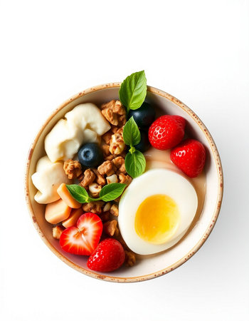 Bowl of oatmeal with fresh berries, eggs and walnutsの写真素材