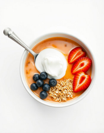 Yogurt with fresh strawberries and blueberries on a white background