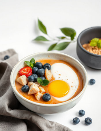 Bowl of porridge with egg, blueberries and strawberries on white background
