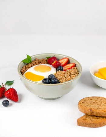 Breakfast with oatmeal, berries and eggs on a white background