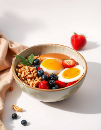 Healthy breakfast bowl with oatmeal, berries and eggs on white background
