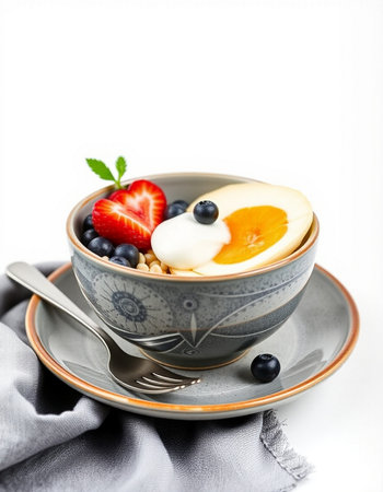 Healthy breakfast bowl with oatmeal, fresh berries, yogurt and orange
