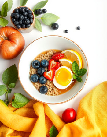 Healthy breakfast bowl with oatmeal, berries and egg on white background
