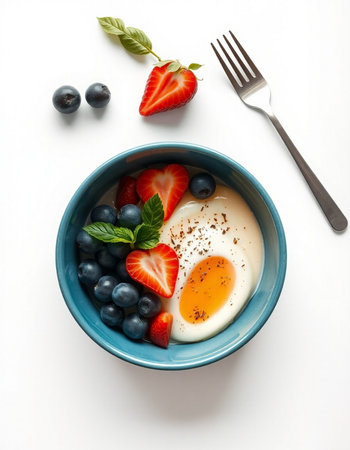 Healthy breakfast. Yogurt with strawberries and blueberries on white backgroundの写真素材