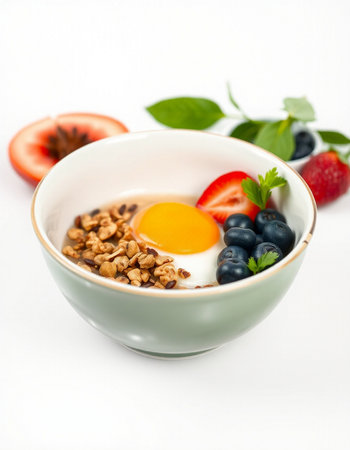 Breakfast with muesli, fresh berries and egg on white background