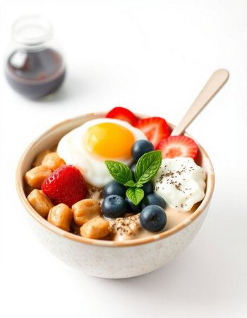Bowl of oatmeal with yogurt, strawberries, blueberries and mint on white background