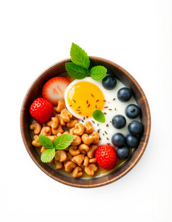 Breakfast with fried egg, strawberries, blueberries and cashewsの写真素材