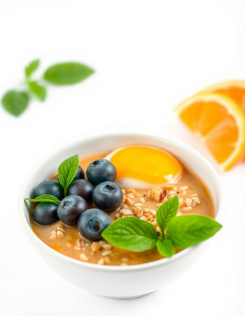 Oatmeal porridge with blueberries and honey in a white bowlの写真素材