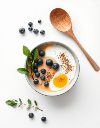 Yogurt with blueberries and egg yolk on white backgroundの写真素材