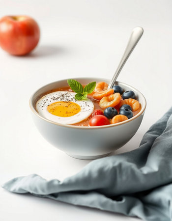 Healthy breakfast with omelet and berries in bowl on white background