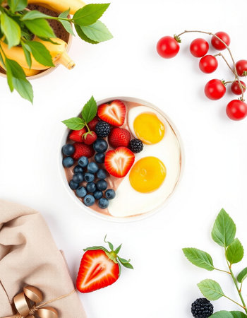 Breakfast with fried eggs, berries and coffee on a white background