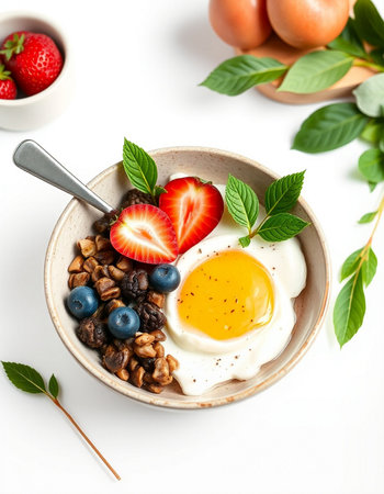 Healthy breakfast with oatmeal, berries and fried egg on white backgroundの写真素材