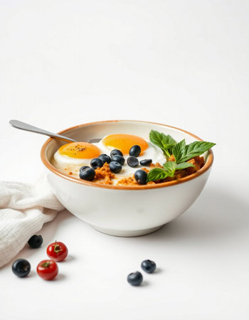 Healthy breakfast with egg, blueberries and yoghurt on white backgroundの写真素材