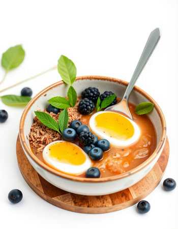 Breakfast bowl with oatmeal, blueberries and eggs on white backgroundの写真素材