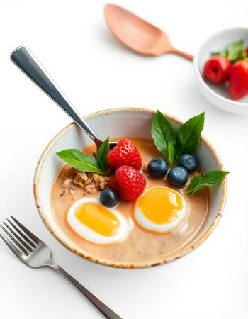 Healthy breakfast - oatmeal porridge with fresh berries and soft boiled eggsの写真素材