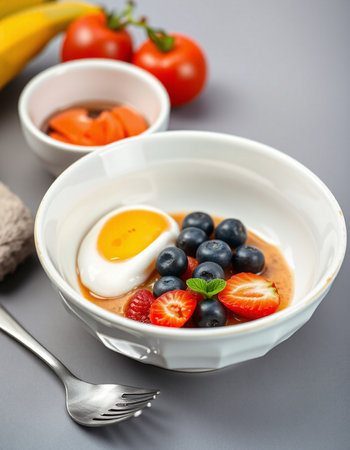 Healthy breakfast bowl with omelette and fresh berries on grey background