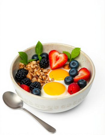 Healthy breakfast with oatmeal, berries and eggs on white background