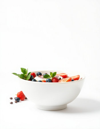 bowl of yogurt with fresh berries and mint on white background, healthy breakfastの写真素材