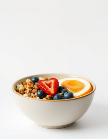 Healthy breakfast bowl with oatmeal, fresh berries and egg on white backgroundの写真素材