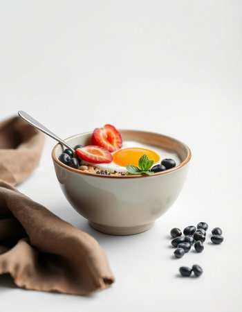 Bowl with tasty oatmeal, berries and mint on light background