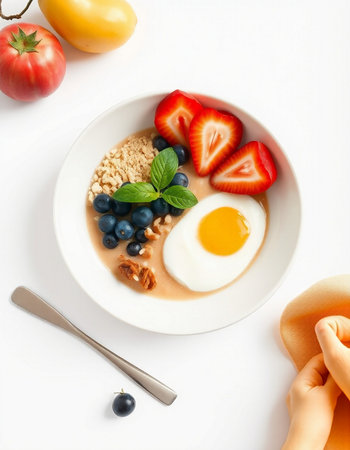 Healthy breakfast with oatmeal, berries and egg on white background