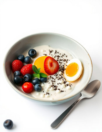 Healthy breakfast with yoghurt and fresh berries on white backgroundの写真素材