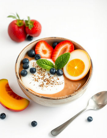 Healthy breakfast bowl with yogurt, strawberries, blueberries, peach and granola