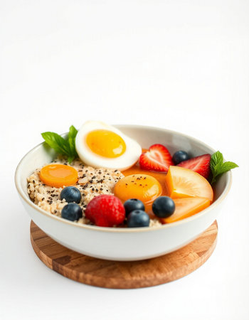 Healthy breakfast with oatmeal, berries and egg on white backgroundの写真素材