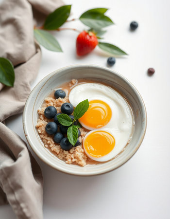 Oatmeal porridge with eggs and blueberries on a white backgroundの写真素材