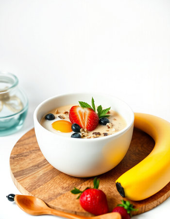 Healthy breakfast. Oatmeal with fresh berries and fruits on white backgroundの写真素材