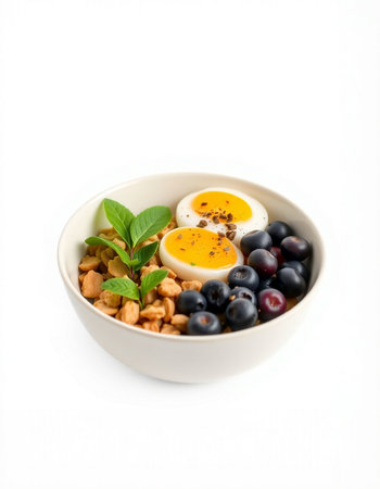 Breakfast with fresh berries, eggs and granola on white backgroundの写真素材