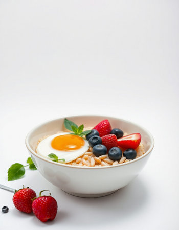 Oatmeal with berries and egg in a bowl on a white backgroundの写真素材