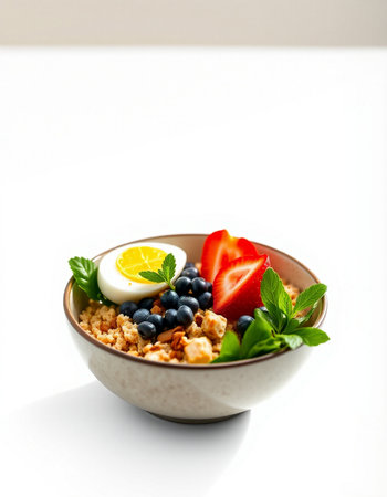 bowl of muesli with fresh berries and egg isolated on whiteの写真素材