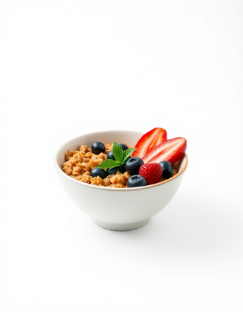 bowl of cereal with fresh berries and mint isolated on a white background